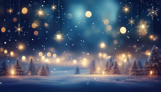 Winter Night Landscape With Falling Snowflakes And Glowing Bokeh String Lights