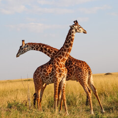 Obraz premium Two giraffes standing in savanna grass looking around