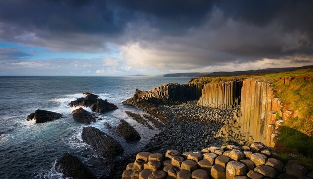Basalt Columns Along The Coastline Of Isle Of Skye Under Cloudy Sky