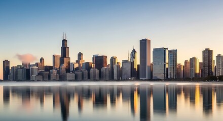 Obraz premium Chicago city skyline at sunset reflected.