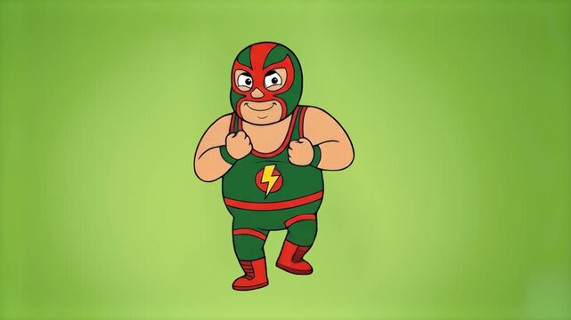 A friendly 2D animated masked Mexican wrestler in a green and red outfit shakes his arms and dances happily on a solid green screen backdrop. This clean chroma key loop is perfect for seamless backgro