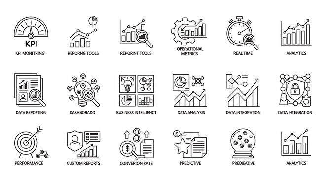 Icons depicting data reporting and performance monitoring illustrate key performance indicators, operational metrics, and business intelligence concepts through linear graphic design.