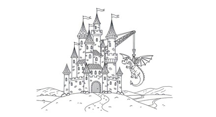 Naklejka premium A medieval-style castle with towers and battlements, a dragon flying nearby