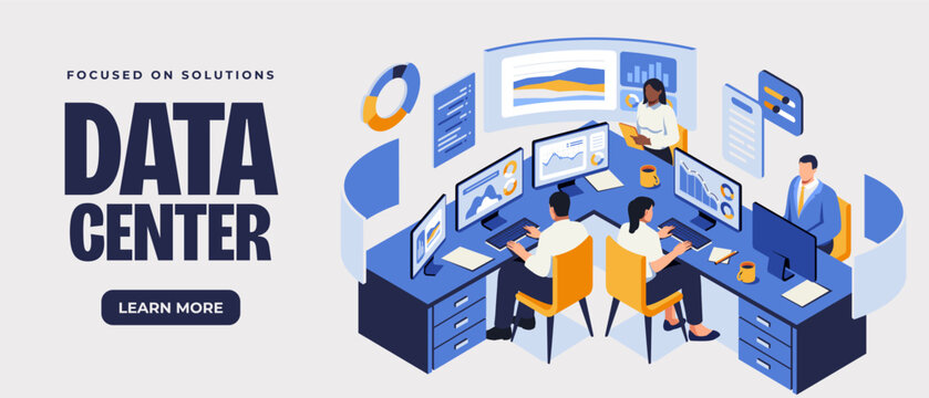 Landing page template with data center team analyzing charts, graphs and statistics on computer screens. Isometric vector illustration for analytics, technology and business solutions
