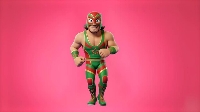 A muscular 3D animated luchador character in a red and green wrestling suit and mask jumping in place. The comical animation is set against a solid pink backdrop for stylized studio content.