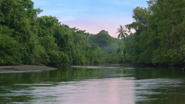 Serene river winds through lush Costa Rica jungle with dense green foliage on both banks. Palm trees rise above canopy as pink twilight sky reflects on calm water surface creating peaceful atmosphere.