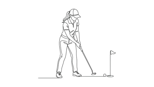 Continuous line drawing of a female golfer putting on a green.