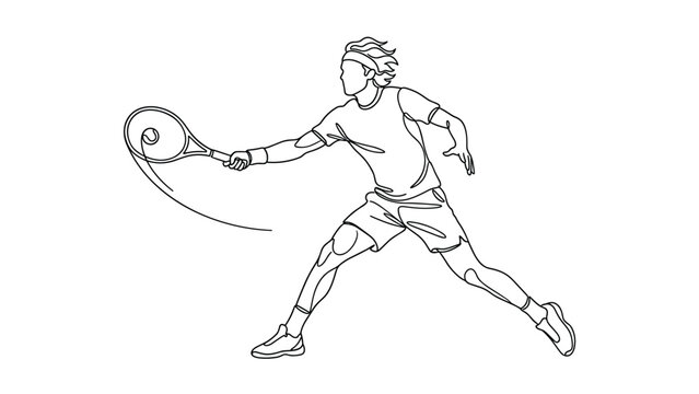 Continuous line drawing of a male tennis player hitting a backhand shot.