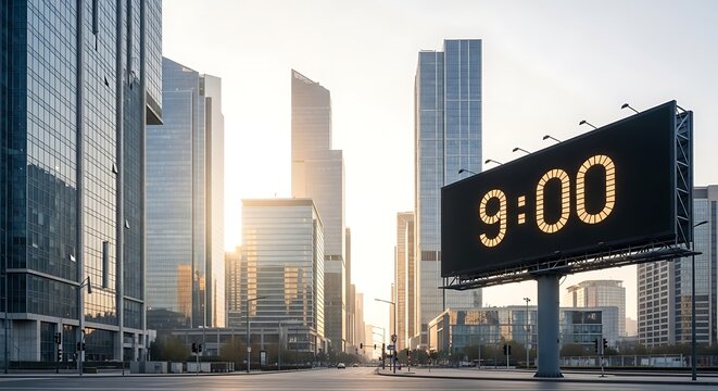 Cityscape with digital billboard at sunrise.