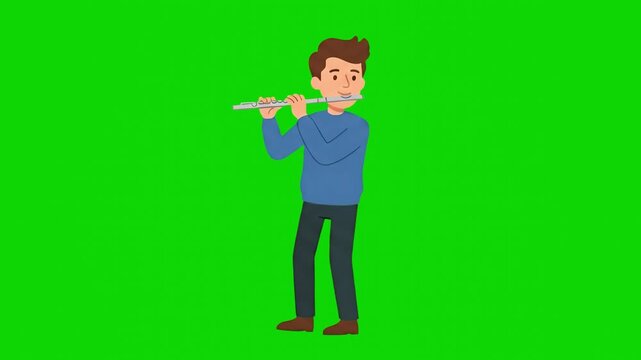 A flat 2D animated man standing and playing a silver transverse flute with rhythmic body motion. The musical character is completely isolated against a solid green screen backdrop.