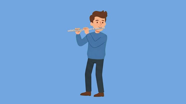 A flat-design 2D animated male musician wearing a blue sweater stands in profile, calmly playing a silver transverse flute against a solid blue backdrop. This clean, loopable artistic asset is ideal f
