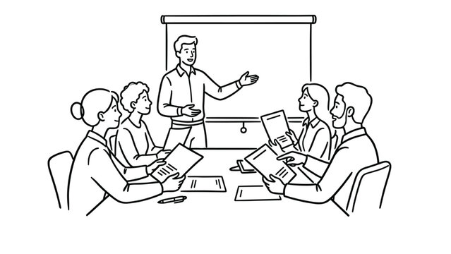 A professional business team having a meeting with a presenter standing by a whiteboard.