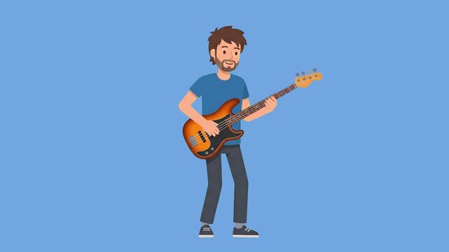A flat-style 2D animated male musician wearing a blue t-shirt and playing a sunburst electric bass guitar. The stylized character performance is set against a clean, solid slate blue studio backdrop.
