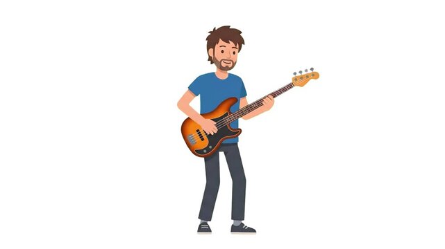 A flat 2D animated man with a beard standing and playing an electric bass guitar, isolated on a solid white background. The character performance features smooth rhythmic movements for musical themes.