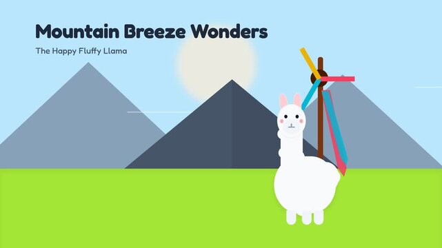Animated Happy Fluffy Llama Enjoying a Sunny Day in the Mountain Breeze.