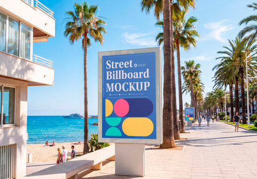 Beach promenade advertising display mockup with palm trees