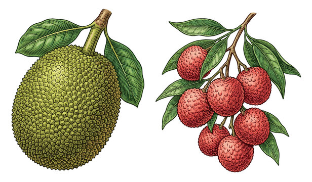 Botanical illustration set featuring a whole green jackfruit with leaves and a cluster of ripe red lychees on a branch over white