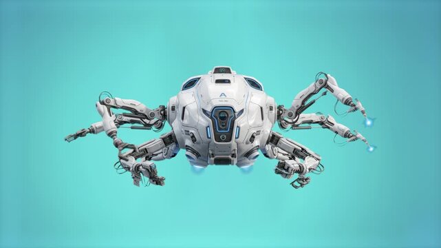 A high-tech futuristic white robotic spider drone hovering or crawling against a solid turquoise studio background. This 3D asset features intricate mechanical limbs, armored plating, and a sleek mode