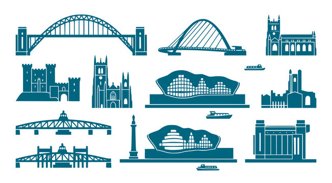 Newcastle Upon Tyne United Kingdom City Skyline & Landmark Set &mdash; Tyne Bridge, Angel of the North, Grey Street, Quayside, Castle Keep, Millennium Bridge, Gateshead Sage, St James Park 2026