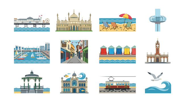 Brighton United Kingdom Tourism Landmark Icon Set &mdash; Brighton Pier, Royal Pavilion, Brighton Beach, The Lanes, Brighton Wheel, Sea Life Centre, North Laine, South Downs &mdash; Flat Travel City Vector 2026