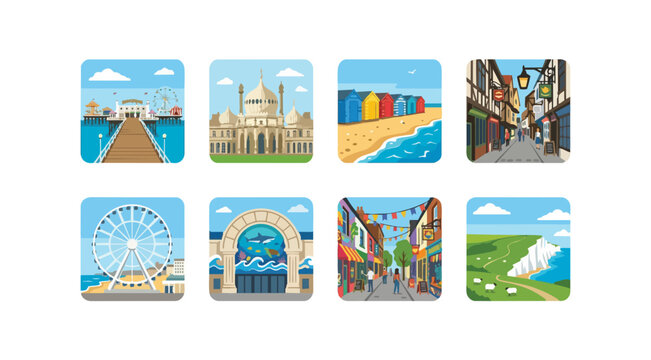Brighton United Kingdom Tourism Landmark Icon Set &mdash; Brighton Pier, Royal Pavilion, Brighton Beach, The Lanes, Brighton Wheel, Sea Life Centre, North Laine, South Downs &mdash; Flat Travel City Vector