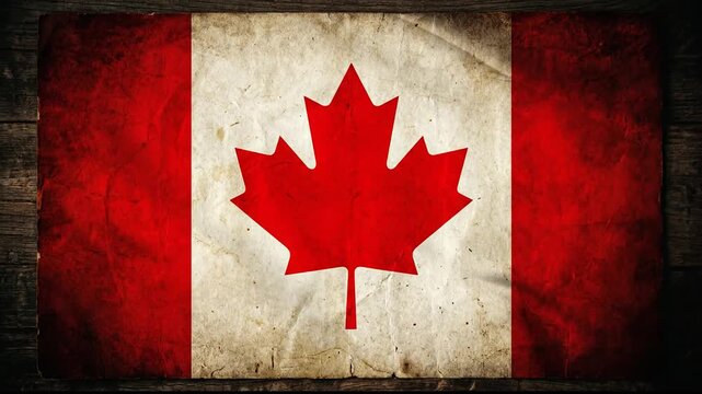 Vintage Canadian Flag Waving Gently on Wooden Background, Grunge Texture, Patriotic Symbol of Canada, Seamless Loop