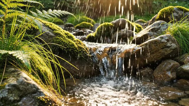 Gentle waterfall cascades over mossy rocks, sunlit forest stream, peaceful nature flow motion footage.