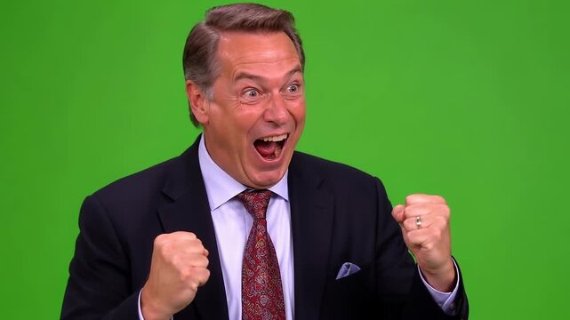 Man in Suit Celebrates Ecstatically with Fists Pumped, Mouth Agap, Green Screen Studio Background