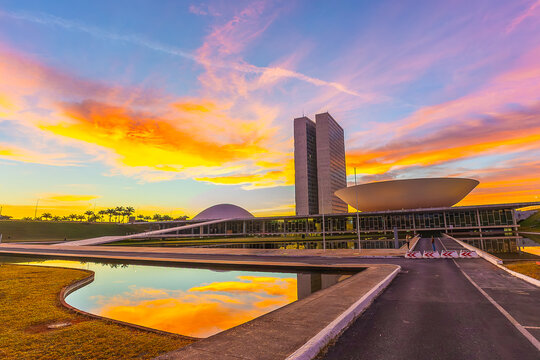 BRASILIA, BRAZIL - MAY 15, 2026: The National Congress of Brazil building designed by Oscar Niemeyer with a beautiful sunrise