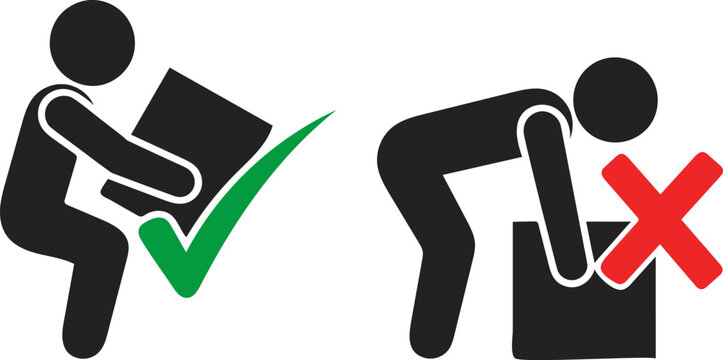 Proper lifting techniques illustrated with green check and red cross symbols