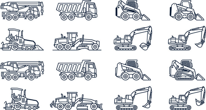 Set of outline construction machinery icons for building and road work.