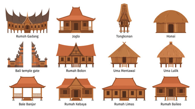 Vector set of traditional Indonesian architecture including ethnic heritage houses and vernacular dwellings across the island archipelago