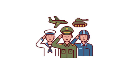 Obraz premium Saluting Military Personnel with Fighter Jet and Tank Illustration
