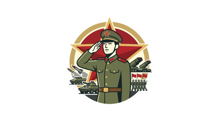 Obraz premium Saluting Soldier Illustration with Military Equipment and Star Emblem