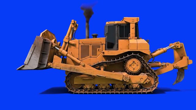 A realistic 3D animated yellow crawler bulldozer standing stationary while actively lifting and tilting its heavy steel front blade. The hydraulic earthmoving equipment is isolated on a blue backdrop.