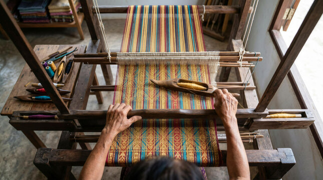 Local Flavor Top view of artisan hands weaving colorful traditional silk fabric on a wooden loom with a shuttle
