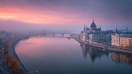 Fototapeta premium Panoramic cityscape of European capital at sunset with river and bridge