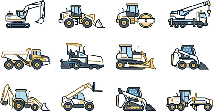 Set of Various Construction Vehicles and Heavy Machinery Icons.
