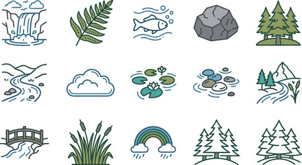 Naklejka premium Set of hand drawn nature and landscape icons with outline style.