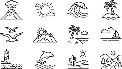 Set of travel and nature themed linear icons for design. © Merah