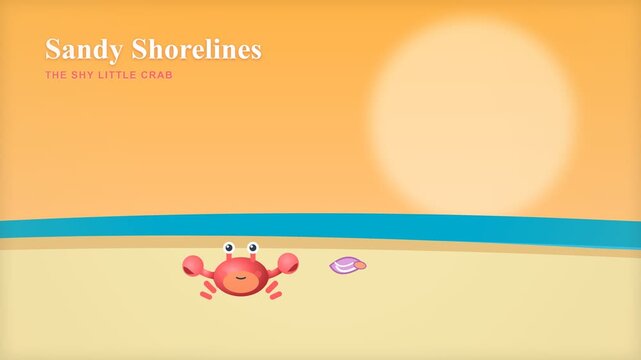 Cute Cartoon Crab Playing With A Seashell On A Sunny Sandy Beach Shoreline.