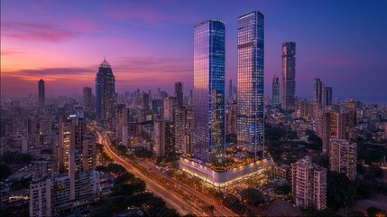 Obraz premium Panoramic cityscape with modern skyscrapers at sunset