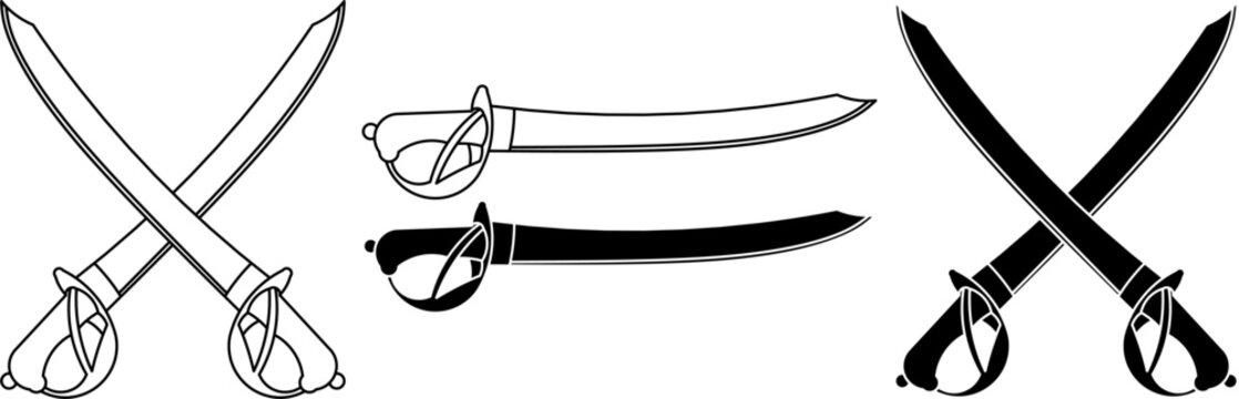 cutlass saber sword icon set,crossed and single curved blades.vector illustration outline and silhouette.for pirate, naval, fantasy, game, logo, heraldic, adventure,design. black and white styles