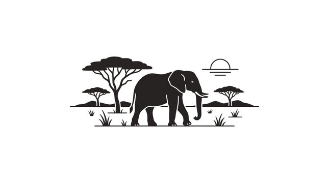 Silhouette of an African elephant walking in the savanna at sunset
