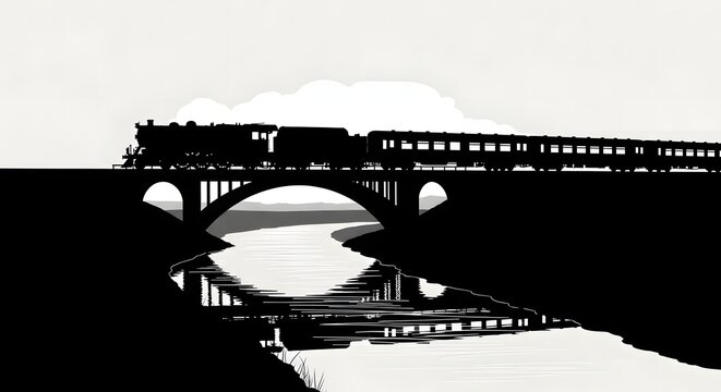 Black and white illustration of a steam train crossing a bridge over a river