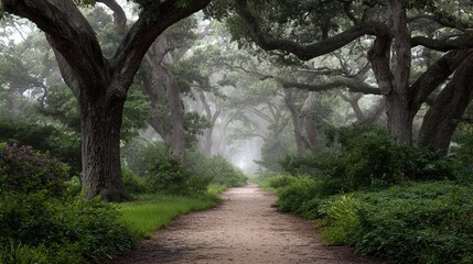 Fototapeta premium Misty forest path with ancient trees and lush greenery