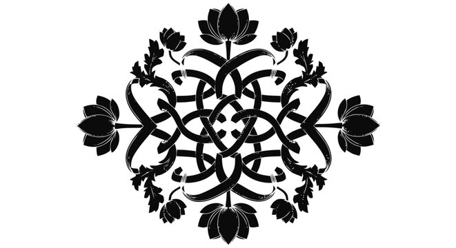 Vector illustration of intricate floral mandala pattern with interlaced ribbons and lotus flowers on a transparent background