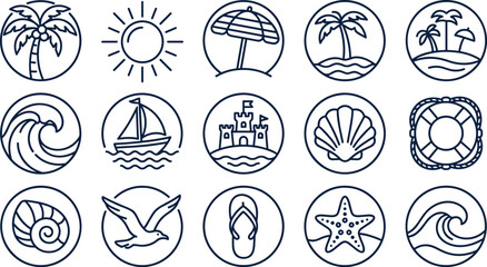 Collection of hand drawn summer beach themed line art icons. © Wahid