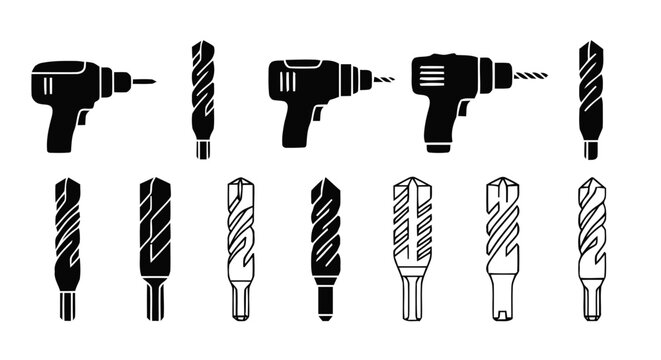 Vector illustration of set of icons with power drills and drill bits on a transparent background