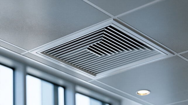 Air conditioning vent grille close-up on a ceiling in a modern office building, indoor air distribution concept, with copy space
